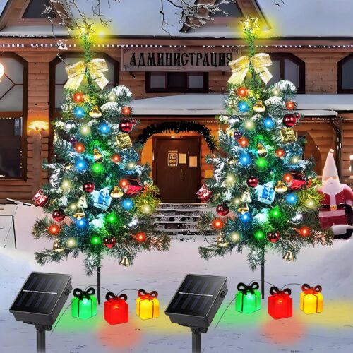 1 Solar Christmas Tree Decorations Outdoor Lights 2 Pack with 60 LED 44 Xmas Ornaments 6 Lighted Gift Boxes 8 Modes 30Inch Mini Prelit Christmas Tree for Porch Pathway Yard Grave Cemetery Decor