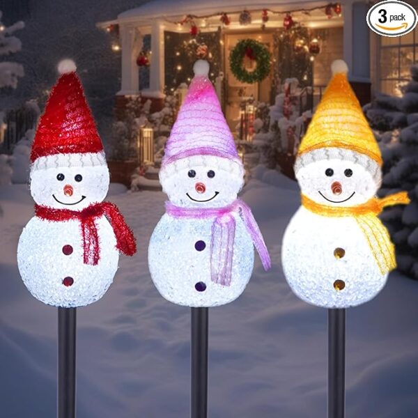 Solar Christmas Pathway Lights Outdoor Decor, Set of 3 Led Snowman Stake Lights, Waterproof Walkway Landscape Light for Winter Yard, Garden, Solar Christmas Decorations 1