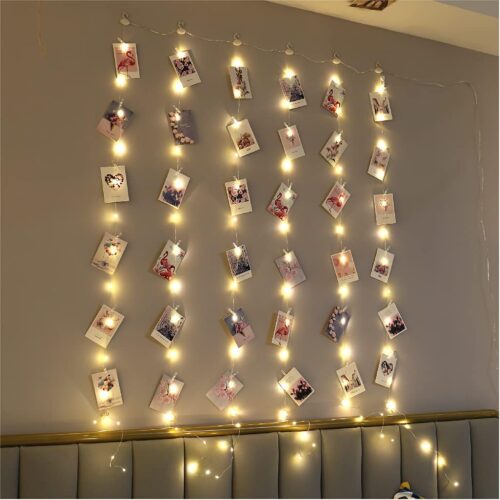 1 ZSJWL 3.3×5ft Short Curtain Lights with 8 Hook for Small Windows, 96 LED Warm White Photo Clips String Light with 52 Clear Clips, Remote Control 8 Modes USB Fairy Lights for Bedroom, Party, Wall
