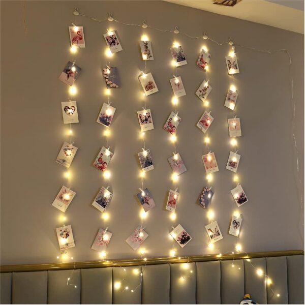 ZSJWL 3.3×5ft Short Curtain Lights with 8 Hook for Small Windows, 96 LED Warm White Photo Clips String Light with 52 Clear Clips, Remote Control 8 Modes USB Fairy Lights for Bedroom, Party, Wall 1