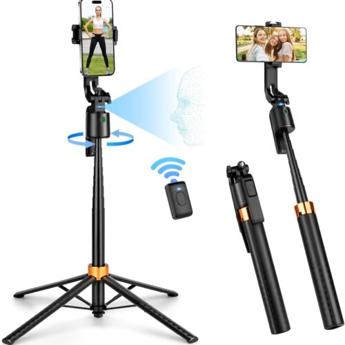 Auto Face Tracking Tripod 360°Rotation Rechargeable Phone Tripod Stand 70" Extendable Smart Shooting Phone Stand with Remote and Gesture Control, No App, for iPhone Vlog Live Video Recording.
