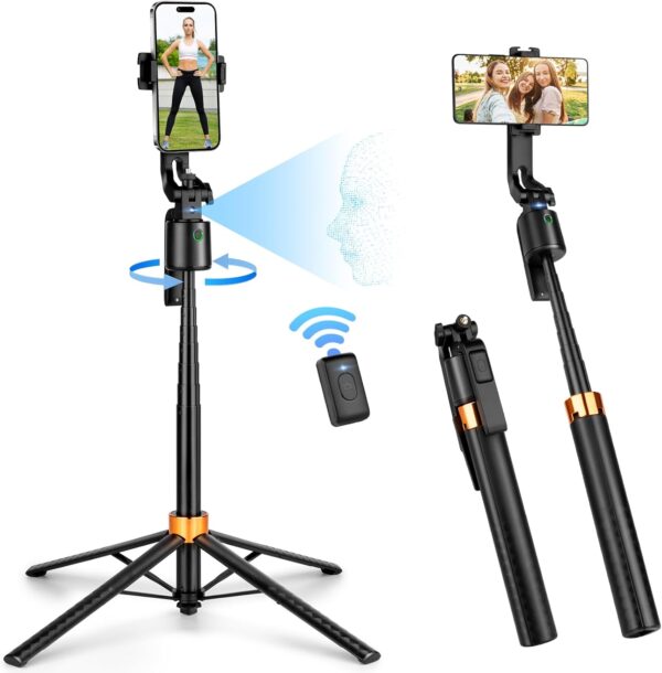 Auto Face Tracking Tripod 360°Rotation Rechargeable Phone Tripod Stand 70" Extendable Smart Shooting Phone Stand with Remote and Gesture Control, No App, for iPhone Vlog Live Video Recording. 1