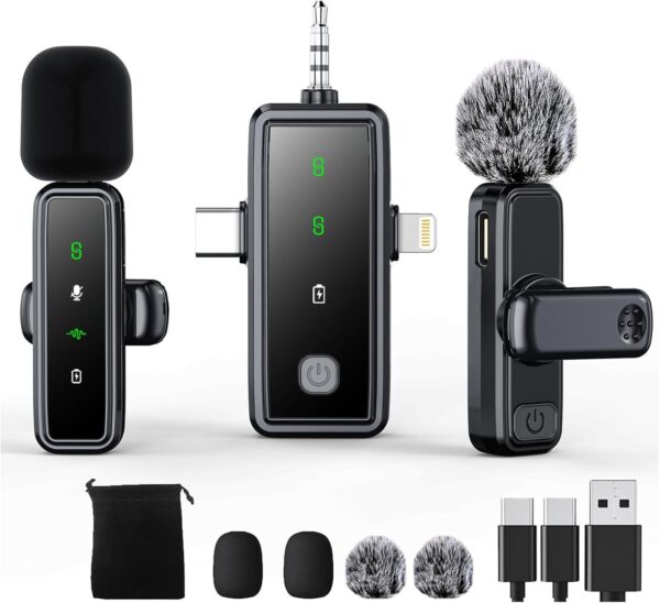 Wireless Lavalier Microphone for iPhone Android Plug-Play,2 Pack Mini Microphone Professional Noise Reduction Recording Clip Mic for Creator Vlog Creator (All iPhones & Androids (USB-C + Lightning)) 1