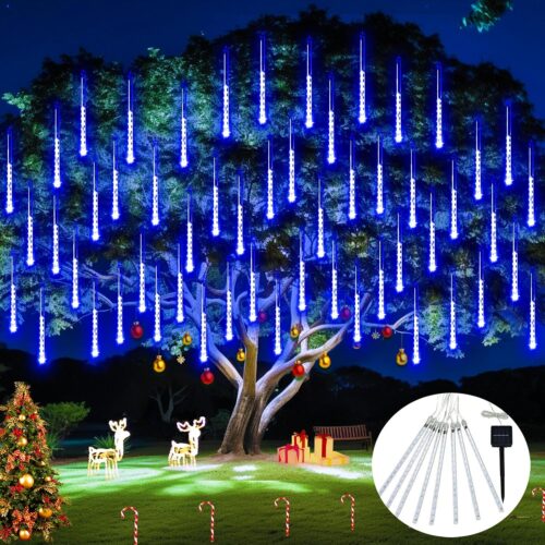Solar Christmas Lights Outdoor, 8 Tube 144 LEDs Solar Meteor Shower Lights Outdoor, Hanging Blue Christmas Light for Tree Icicle Garden Yard Patio Gazebo Party Xmas Decor