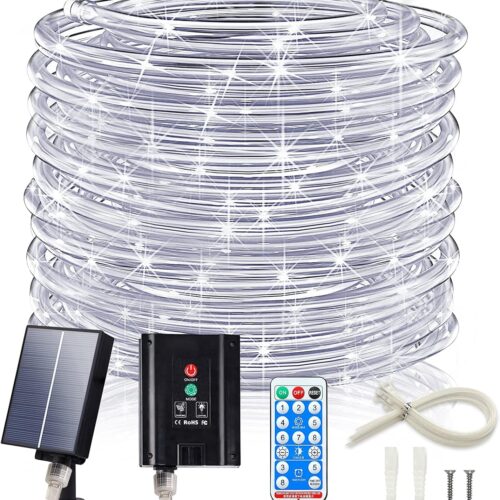 Solar Rope Lights, 66FT 200LED 1800mAh Outdoor Waterproof Solar Lights with Remote, IP67 String Light with Timing & 8 Modes for Garden Tree Pathway Yard Pool RV Christmas Decor, White