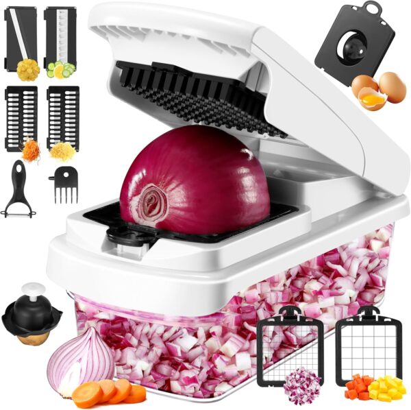 Vegetable Chopper,12 in 1 Multifunctional Food Chopper,Pro Onion Chopper with 7 Blades,Veggie Chopper with Container,Chopper Vegetable Cutter for Salad Potato Carrot Garlic,Kitchen Essential(White) 1