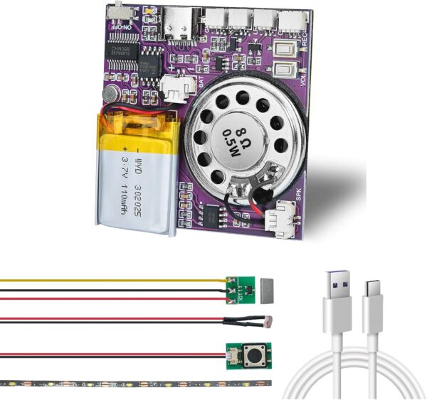 Sound Module, 16MB Push Button, Magnetron, Light Control Activated Recordable Voice Sound Chip Module with LED Light Strip, Speaker, for Greeting Card Audiobook, Xmas Presents Boxes, Kids's Toys. 1