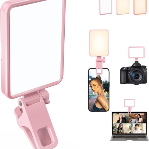 Rechargeable Soft Selfie Light for Phone, Camera, Laptop, 4-14H Battery Portable LED Light for Pictures, Phone Light Clip for Selfie, Vlog, TikTok, Makeup, Video Conference Pink