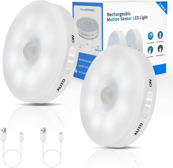 Improved LED Rechargeable Motion Sensor Light Indoor, Bright & Long-Lasting Battery, Stick-On Motion Sensor Puck Night Lights for Closet, Cabinet, Kitchen, Hallway, Stairs - Cool 2Pack 1