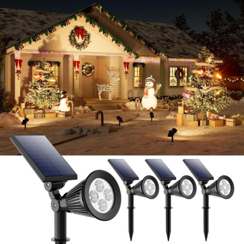 4 Pack Solar Powered Spotlights Waterproof Outdoor for Christmas Decorations, Tree, Santa Claus, Snowman, Christmas Ambient Outdside Spot Landscape Lights for Wall, Garden, Yard, Sidewalk, Warm White