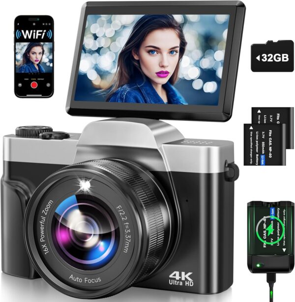 4K Digital Camera for Photography with WiFi, 2025 Latest Auto-Focus Vlogging Camera for YouTube Video 3'' 180° Flip Screen Travel Cameras 16X Zoom Anti-Shake 4K Cameras with SD Card, 2 Batteries 1