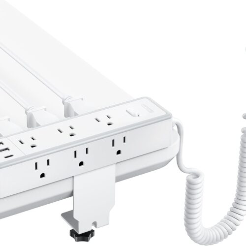 Desk Clamp Power Strip with 9 AC Outlets 3 USB Ports(1 USB C), 1200J Surge Protector, 6ft Coiled Extension Cord for Standing Desk, Fit 2.68" Tabletop Edge, Home Office Table Accessories