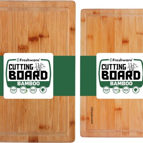 Bamboo Cutting Boards for Kitchen with Juice Groove [Set of 2] Wood Cutting Board for Chopping Meat, Vegetables, Fruits, Cheese, Knife Friendly Serving Tray with Handles