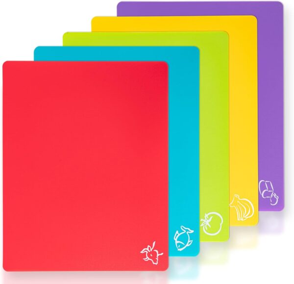 5 Pieces Flexible Plastic Cutting Board Mats with Food Icons, BPA Free Cutting Boards for Kitchen, Non Slip Cutting Mat for Meat and Vegetables (Red, Bright Yellow, Light Green, Purple, Lake Blue) 1