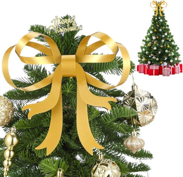 1 Pcs Large Christmas Metal Bow Tree Topper Ornaments with Clip Christmas Bow Decoration for Xmas Tree Topper Garland Wreath Indoor Outdoor Decor, 10 x 12''(Stylish,Gold) 2