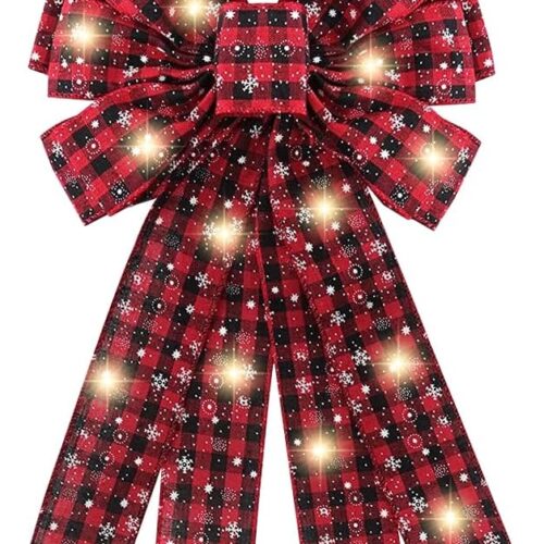 Large LED Christmas Bows for Wreath, Christmas LED Wreath Bow Red Black Buffalo Plaid Bows with LED Lights Xmas Snow Tree Topper Bows for Front Door New Year Christmas Party Decoration Supplies