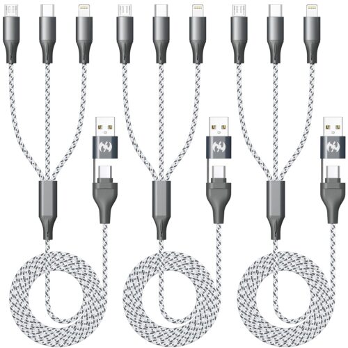 Multi Charging Cable (3Pack 4ft), 3 in 1 Charging Cable Travel Essentials Nylon Braided Cord USB A/C Port iPhone Charger Cord with Type C Micro Lightning USB for Apple iPhone Android Phone
