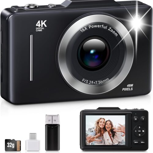 Digital Camera, FHD 1080P Kids Camera Digital with 16x Zoom Anti Shake, 32GB Card, 4K 48MP Portable Compact Point and Shoot Cameras, Vintage Small Camera for Teens Beginner Kids Present