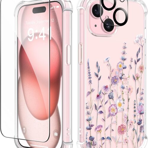 iPhone 15 Case, [3 in 1] with Screen Protector & Camera Lens Protector, Clear Soft Shockproof Slim Fit Floral Phone Cover for Women Girls 2023 6.1" (Floratopia/Colorful)