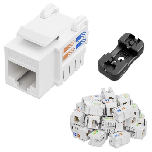 10Gbps Cat6 Keystone Jack, RJ45 Keystone Jack 25-Pack and Keystone Punch-Down Stand, UTP Modular Ethernet Jack Insert 90-Degree, Punch Down Keystone Jack Adapter, White