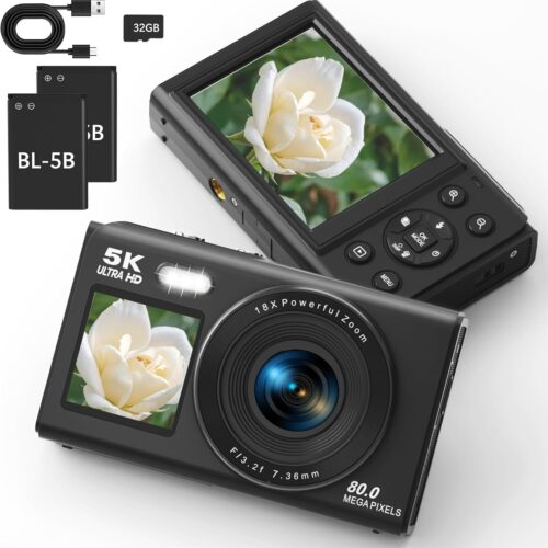 5K Digital Camera, Dual Screens Camera with 18X Digital Zoom, Compact Vlogging Camera for Teens, Beginner-Friendly Gift Pack, 32GB Card & 2 Batteries, Black
