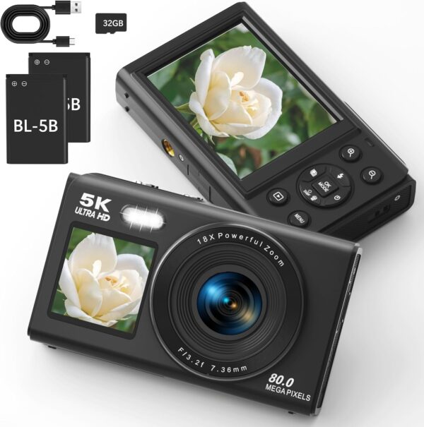 5K Digital Camera, Dual Screens Camera with 18X Digital Zoom, Compact Vlogging Camera for Teens, Beginner-Friendly Gift Pack, 32GB Card & 2 Batteries, Black 1