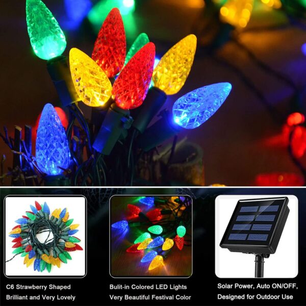 HUGSVIK 39Ft 100 LED Solar Christmas Lights Outdoor, 8 Modes C6 Strawberry Lights, Waterproof Outdoor Christmas String Lights for Xmas Tree, Holiday, Garden, Patio, Arbor Decor 2