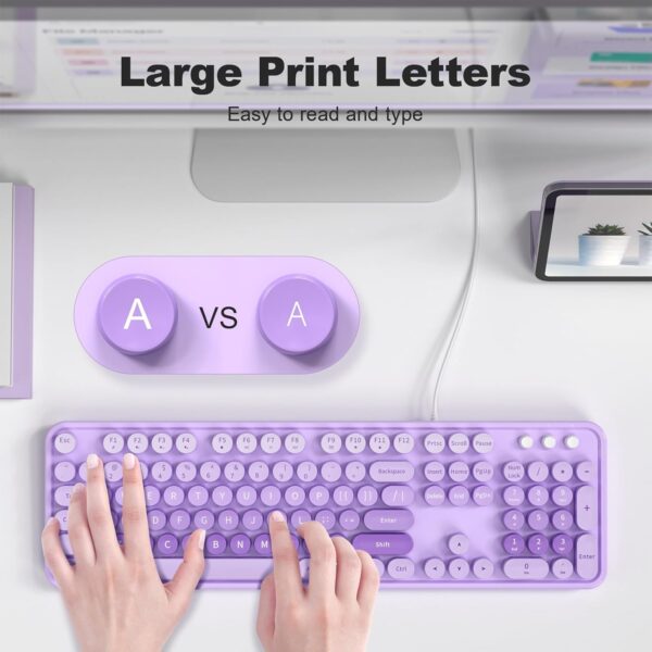 Large Print Wired Keyboard, 104 Keys Full-Sized Typewriter Keyboards, USB Plug and Play Office Keyboard with Number Pad, Caps Indicators, Foldable Stands for Windows, PC, Laptop 2