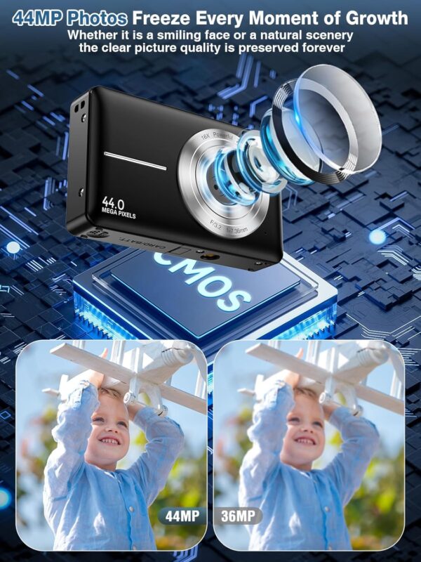 Digital Camera,FHD 1080P Kids Camera 44MP Point and Shoot Digital Cameras with 32GB Card,16X Zoom,Anti-Shake,Date Stamp,Compact Small Cameras Photography for Kids Student Teen Girl Boy(Black) 2