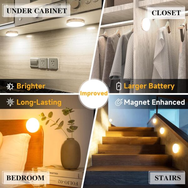 Improved LED Rechargeable Motion Sensor Light Indoor, Bright & Long-Lasting Battery, Stick-On Motion Sensor Puck Night Lights for Closet, Cabinet, Kitchen, Hallway, Stairs - Cool 2Pack 2