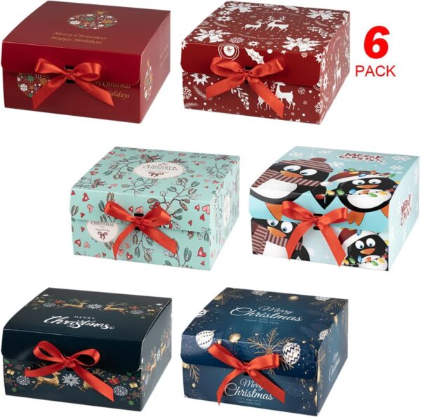Christmas Gift Boxes with Lids, 6 Pack Gift Box and Red Ribbon Christmas Themed Pattern Small Gift Boxes for Xmas Presents Gifts Easy Assemble 2