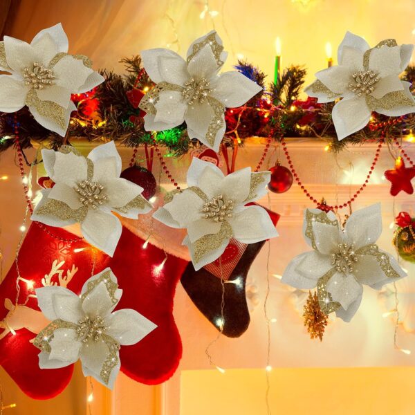 12 PCS Poinsettia Flower Artificial Poinsettia Christmas Decoration 5.9'' Gold Glitter Poinsettias Christmas Ornaments Xmas Tree Flower Decor with Clips DIY Xmas Wreath Holiday Home Party 2
