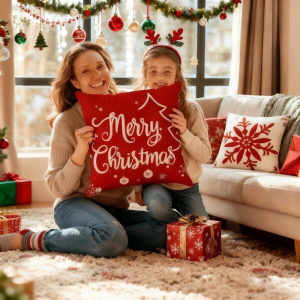4Pcs Outdoor Christmas Pillows, Red Christmas Throw Pillows, Snowflakes Merry Christmas Let it Snow Deer Christmas Pillow Cases Holiday Pillow Covers 18x18 for Winter Home Decorations 2