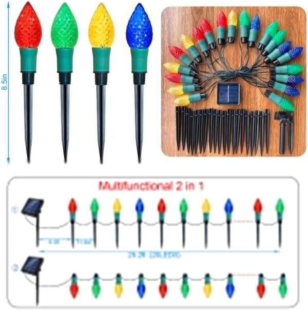 Newest Version 2 in 1 Outdoor Christmas Decorations and Solar Christmas Lights, 20-Pack Waterproof Solar C9 Strawberry Garden Stake Lights for Christmas Tree Garden Patio Yard Pathway 2