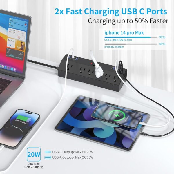 Desk Clamp Power Strip with 40W Fast Charging Station, JXGUCAT Removable Flat Plug Desk Mount Power Strip Surge Protector, 10FT Extension Cord with 2 USB-C Ports 6 Outlets, Fits 1.8" Tabletop Edge 2