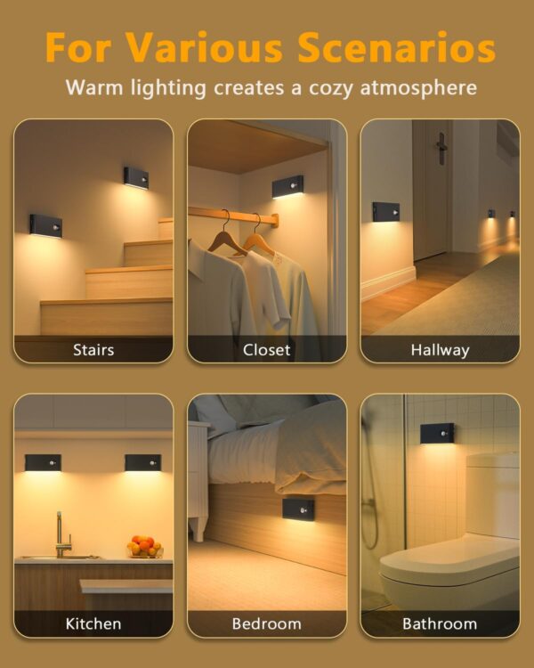 WILLED Motion Sensor Night Lights, Wireless Stair Lights Indoor, Battery Rechargeable Night Lights for Stairway, Hallway, Kitchen, Closet, Cabinet, Bedroom, Kids' Room(4-Pack) 2