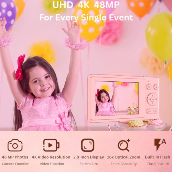 4K Digital Camera - 48MP Photos 32GB SD Card & Lanyard Included - Travel-Friendly, Digital Point and Shoot Camera, Kid-Sized, Small Camera Gift for Kids, Girls, Students & Teens 4