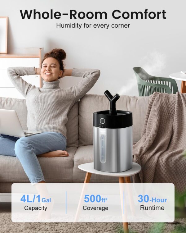 Feekaa Stainless Steel Humidifier Dishwasher Safe, 4L/1Gal Cool Mist Humidifiers for Bedroom, Easy Clean Humidifier Large Room, Humidifiers for Baby Nursery Living Room Office Plant, Black 3