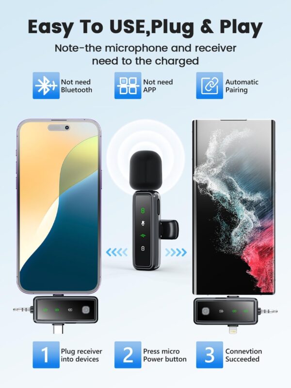 Wireless Lavalier Microphone for iPhone Android Plug-Play,2 Pack Mini Microphone Professional Noise Reduction Recording Clip Mic for Creator Vlog Creator (All iPhones & Androids (USB-C + Lightning)) 3