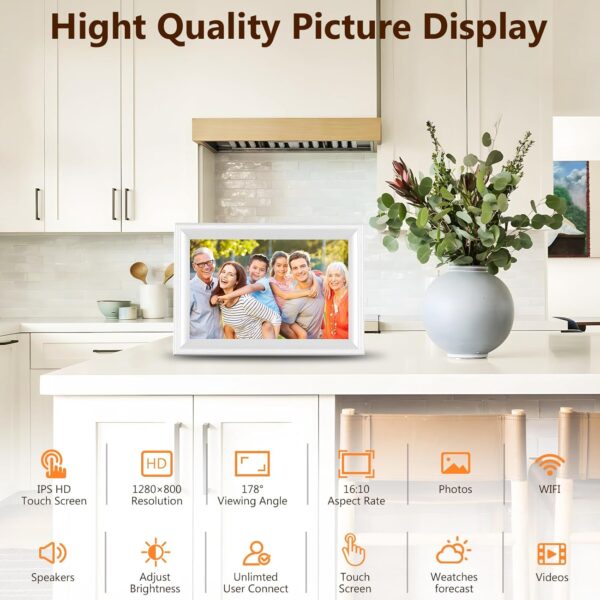 Smart White Digital Picture Frame WiFi Send Photos from Your Phone 16GB Storage 10.1inch 1280x800 IPS Touch Screen Digital Photo Frame Auto-Rotate Wall Mountable Photo Picture Frame Digital 3
