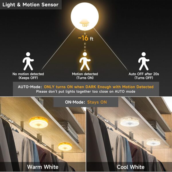 Improved LED Rechargeable Motion Sensor Light Indoor, Bright & Long-Lasting Battery, Stick-On Motion Sensor Puck Night Lights for Closet, Cabinet, Kitchen, Hallway, Stairs - Cool 2Pack 3