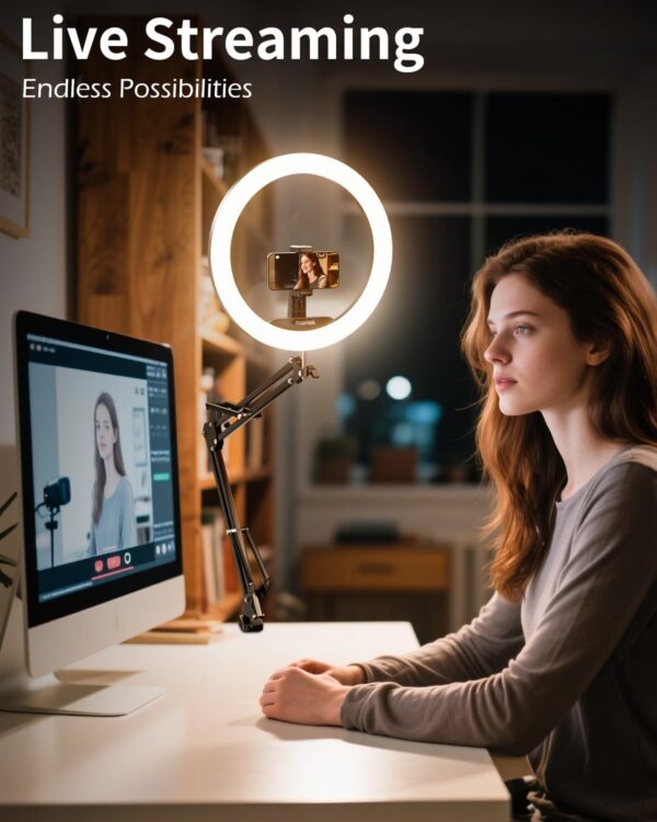 12’’ Ring Light with Overhead Phone Mount, LED Selfie Light with Stand and Phone Holder for iPhone and Laptop, Desk Light for Video Recording, Zoom Meeting, Live Streaming, Tiktok, YouTube 3