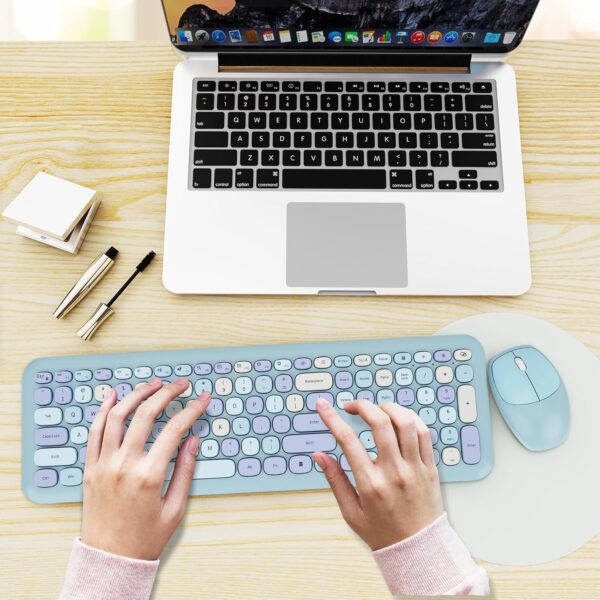 Wireless Keyboard and Mouse Combo, Colorful Ergonomic Full Size Retro Low-Noise Keyboard with Cute keycaps, Compatible with Windows, PC, Perfer for Home and Office Keyboards (Blue) 2