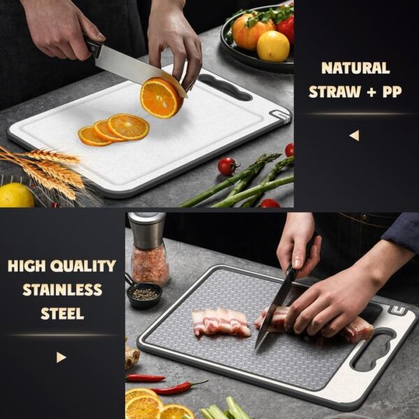Stainless Steel Cutting Board, Double Sided Chopping Board for Kitchen, Scratch-resistant Mesh Design, Non Toxic, Juice Groove, Dishwasher Safe, 304 Stainless Steel and Wheat Straw PP (15×10 In) 2