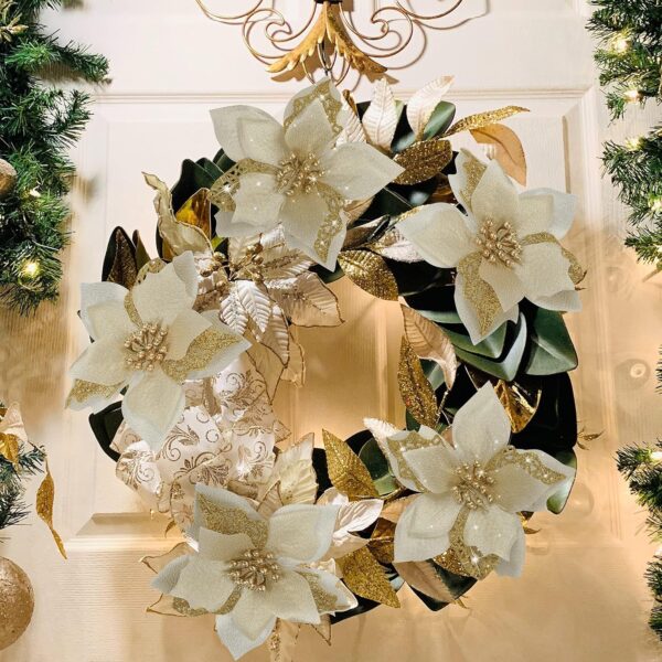 12 PCS Poinsettia Flower Artificial Poinsettia Christmas Decoration 5.9'' Gold Glitter Poinsettias Christmas Ornaments Xmas Tree Flower Decor with Clips DIY Xmas Wreath Holiday Home Party 3