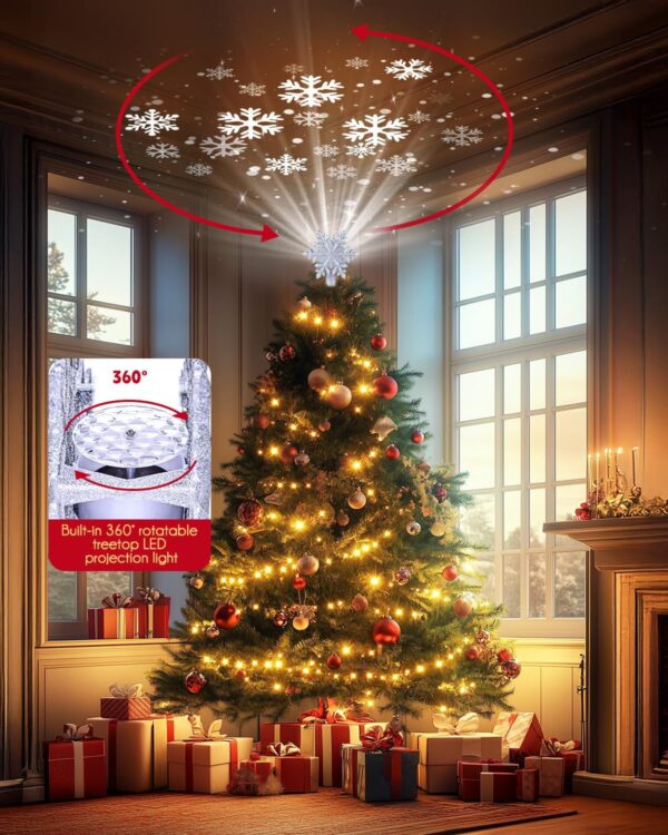 Christmas Tree Topper Lighted with Built-in Led Rotating Snowflake Projector Lights, 9.6” Hollowed Tree Topper with Silver Spangles Plug In for Indoor Home Xmas New Year Party Holiday Night Tree Decor 3