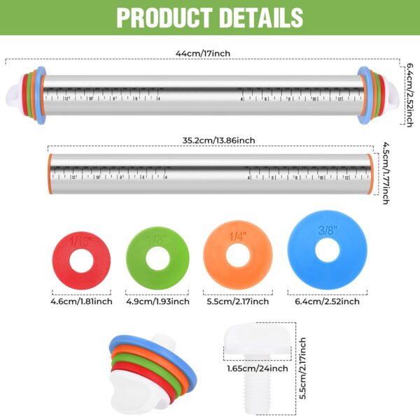 Rolling Pin with Adjustable Thickness Rings and Silicone Baking Pastry Mat Set for Baking,Stainless Steel Dough Roller,Baking Supplies for Cookie Fondant Pizza Cake Pasta 3