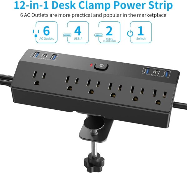 Desk Clamp Power Strip with 40W Fast Charging Station, JXGUCAT Removable Flat Plug Desk Mount Power Strip Surge Protector, 10FT Extension Cord with 2 USB-C Ports 6 Outlets, Fits 1.8" Tabletop Edge 3