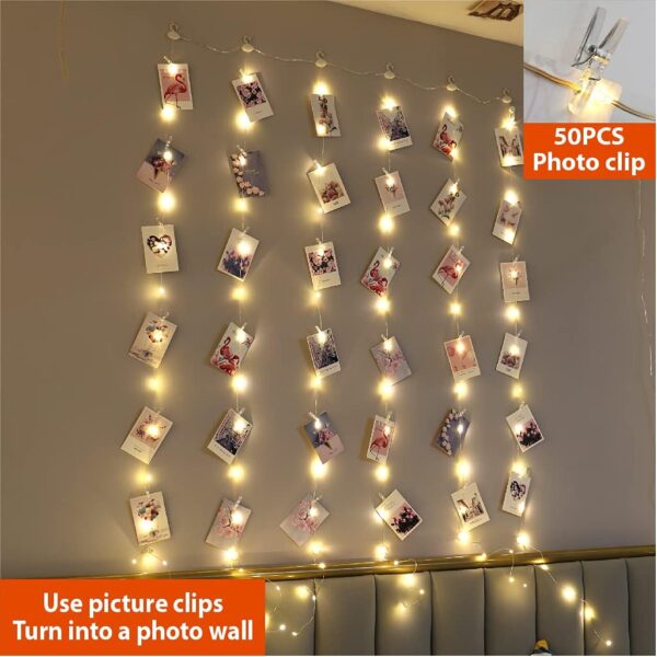 ZSJWL 3.3×5ft Short Curtain Lights with 8 Hook for Small Windows, 96 LED Warm White Photo Clips String Light with 52 Clear Clips, Remote Control 8 Modes USB Fairy Lights for Bedroom, Party, Wall 4
