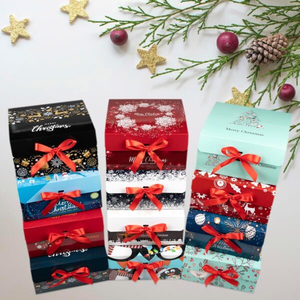 Christmas Gift Boxes with Lids, 6 Pack Gift Box and Red Ribbon Christmas Themed Pattern Small Gift Boxes for Xmas Presents Gifts Easy Assemble 4